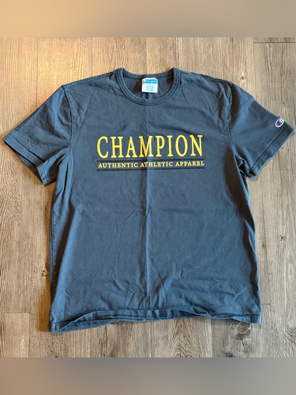 Men’s Large Champion Short-Sleeve Tee in Navy with Yellow Logo